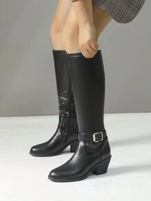 時尚及膝靴子適合女士,黑色,裝飾的帶金屬扣,側拉鍊,多用途,圓頭,粗跟高跟鞋,舒服的,適用於秋天&冬天 - 黑色 - 查看 8