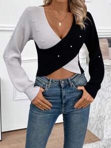 SHEIN LUNE 双色仿珍珠串珠交叉露脐针织套头衫秋冬毛衣 - 黑色 - 查看 1