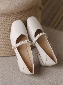 HanDuEke 女款珍鞋2023新款法式風格專業粗跟中跟小尺寸高跟仙女平底鞋