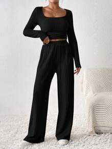 SHEIN Frenchy Bộ Hai Mảnh Áo Crop Top Và Quần Dài Sọc Họa Tiết Vải - màu đen - Xem 3