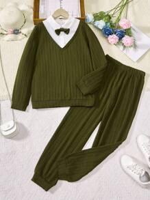 SHEIN Tween Boy Contrast Collar Bow Front 2 In 1 Tee & Pants - Green - View 1