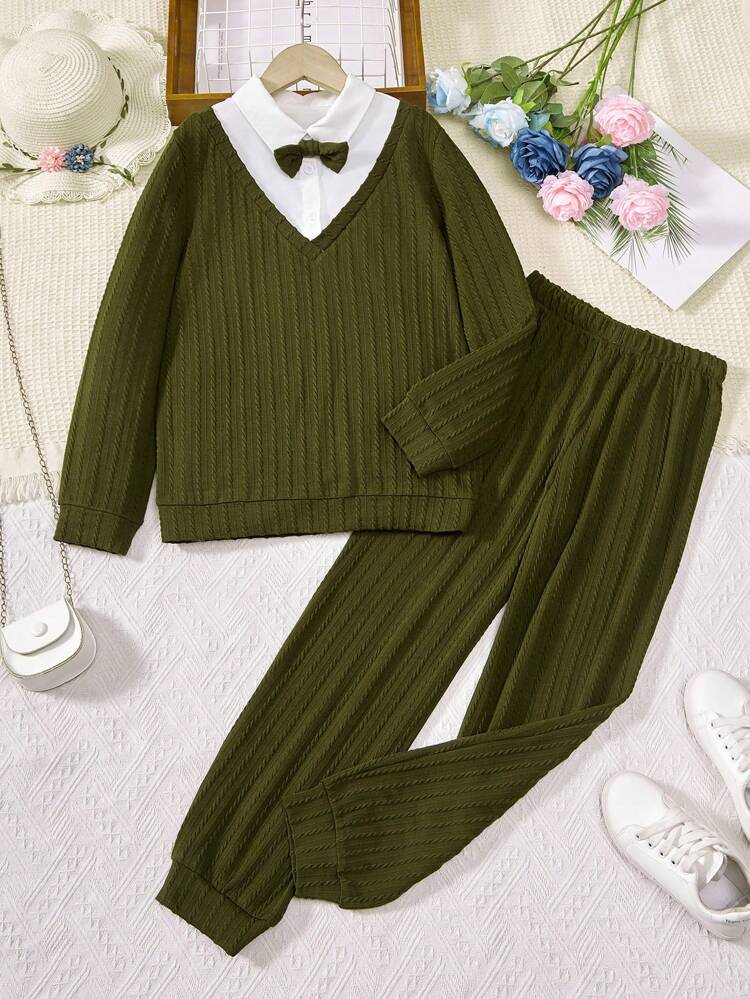 Tween Boy Contrast Collar Bow Front 2 In 1 Tee & Pants