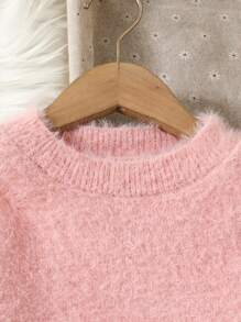 SHEIN Tween Girl Pompom Detail Drop Shoulder Fuzzy Crop Sweater - Pink - View 6