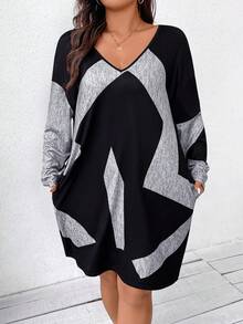 女款大尺碼撞色 V 領連身裙 - 彩色 - 查看 5