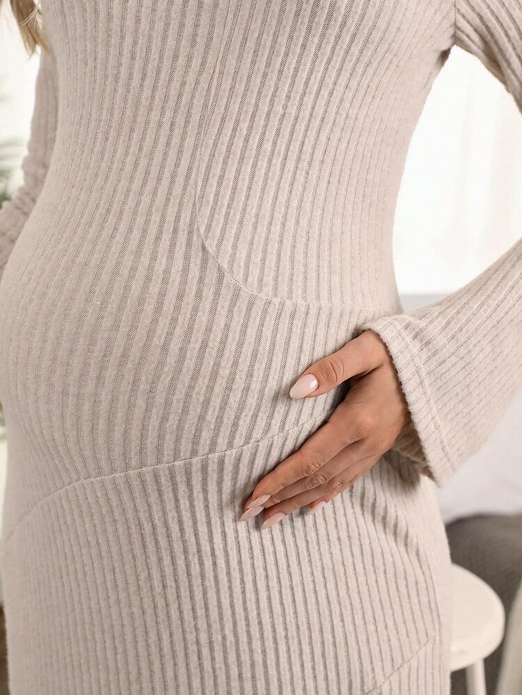 Maternity Flare Sleeve Knit Ribbed Bodycon Dress