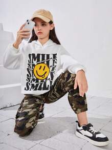 SHEIN Tween Girl Cartoon & Letter Graphic Hoodie & Camo Print Pants