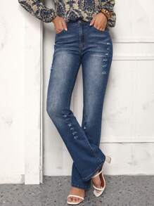 SHEIN LUNE Đau khổ Denim Dài Quần - Màu xanh lam - Xem 4