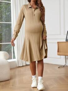 SHEIN 孕婦Polo領落肩袖洋裝 - 卡其色 - 查看 4