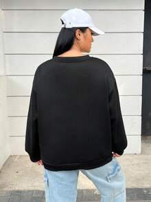 SHEIN EZwear 大尺碼女款黑色針織鑲鑽字母圖案圓領運動衫 - 黑色 - 查看 2