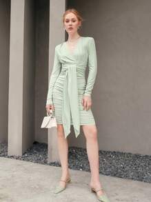 Chiquease Pleated Light Blue Knit Dress Fall Cloth For Women - Baby Blue - View 7