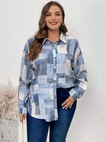 SHEIN LUNE Plus Size Loose Fit Floral Printed Drop Shoulder Sleeve Shirt - Blue - View 3