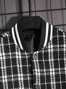 Chillumni 寬鬆版型男士格紋造型飛行外套,帶條紋飾邊 - 黑與白 - 查看 3