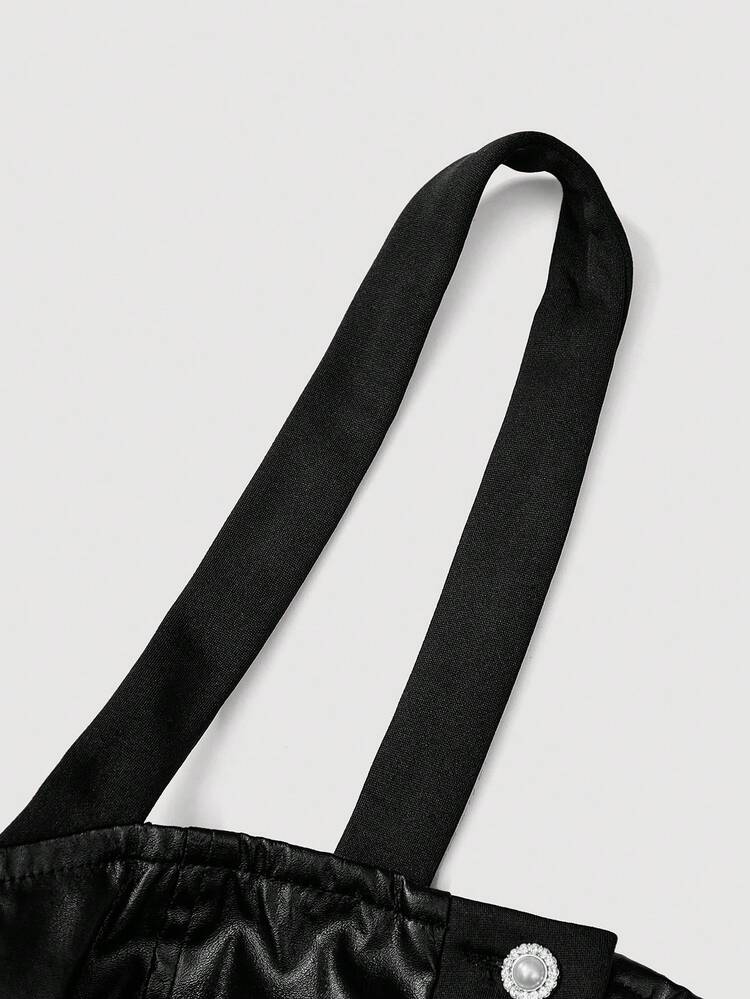 Women's Black Leather Camisole Top, Decorated With Rhinestones And Pearls Button