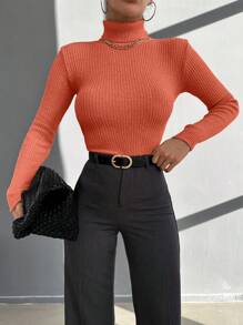 SHEIN Cottnline Turtleneck Ribbed Knit Sweater - Burnt Orange - View 3