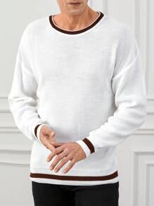 RueChic Men Striped Trim Drop Shoulder Sweater - White - View 1