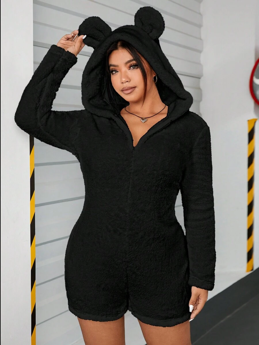 SHEIN EZwear 加大碼女士3d耳朵設計毛絨連體褲 - 黑色 - 查看 1