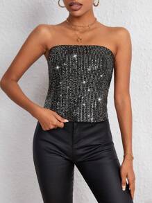SHEIN Privé Top bandeau con lentejuelas - Plateado - Ver 5