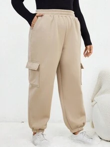SHEIN LUNE 大碼側翻蓋口袋加絨內裏衛褲 - 卡其色 - 查看 6