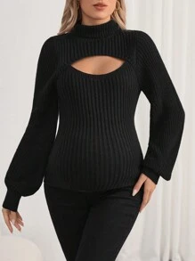 SHEIN Thai sản Cắt ra Tay áo lồng đèn Áo len - màu đen - Xem 6