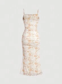 SHEIN MOD Vải in hoa Xù Lưới Váy Dây - Màu vàng - Xem 2