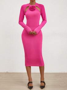 SHEIN Privé Chất rắn Cắt ra Hoa âm thanh nổi Váy bodycon - Hồng - Xem 3