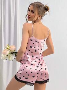 Heart Print Lace Trim Satin PJ Set - Multicolor - View 2