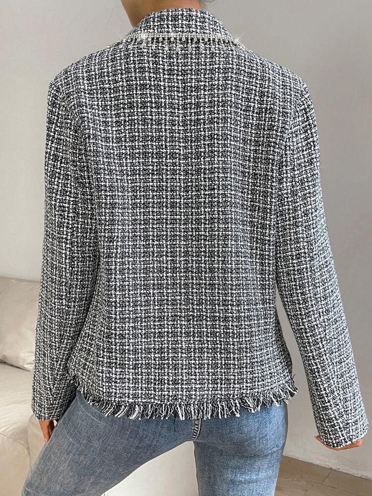 Plaid Pattern Raw Trim Flap Pocket Tweed Overcoat Fall Cloth For Women