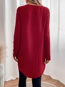 SHEIN LUNE 女士圓領不對稱下擺襯衫 - 酒紅色 - 查看 6