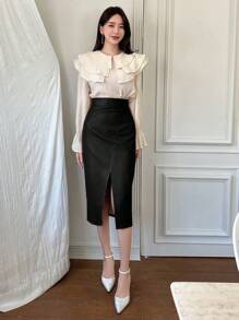 Wynsel 高腰侧开叉铅笔裙秋冬皮裙 - 黑色 - 查看 3