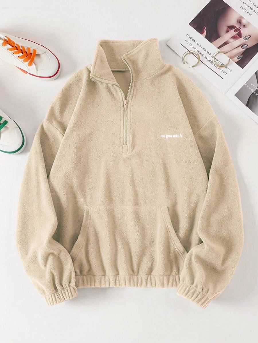 INAWLY Women's Drop Shoulder Velvet Sweatshirt - Apricot - View 1