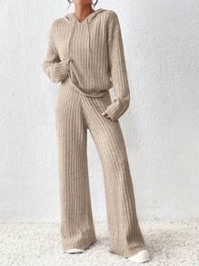 SHEIN Essnce 女裝休閒抽繩連帽毛衣及褲子套裝,落肩設計 - 杏色 - 查看 4