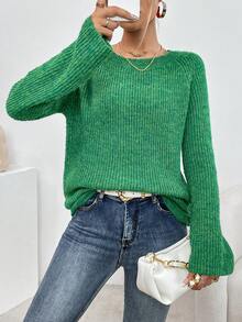 SHEIN Essnce Đúng mốt Vòng cổ Màu thuần Tay Raglan Áo len - trắng - Xem 4