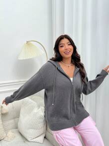 SHEIN EZwear Plus Size Hooded Cardigan With Rabbit Pattern, Zipper And Drawstring - Grey - View 4