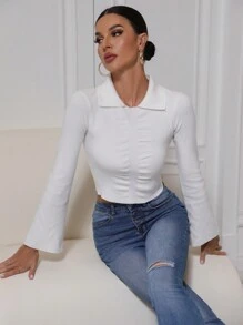 Zolique Solid Ruched Front Sweater Knit Pullover Fall Winter Outfit - White - View 6