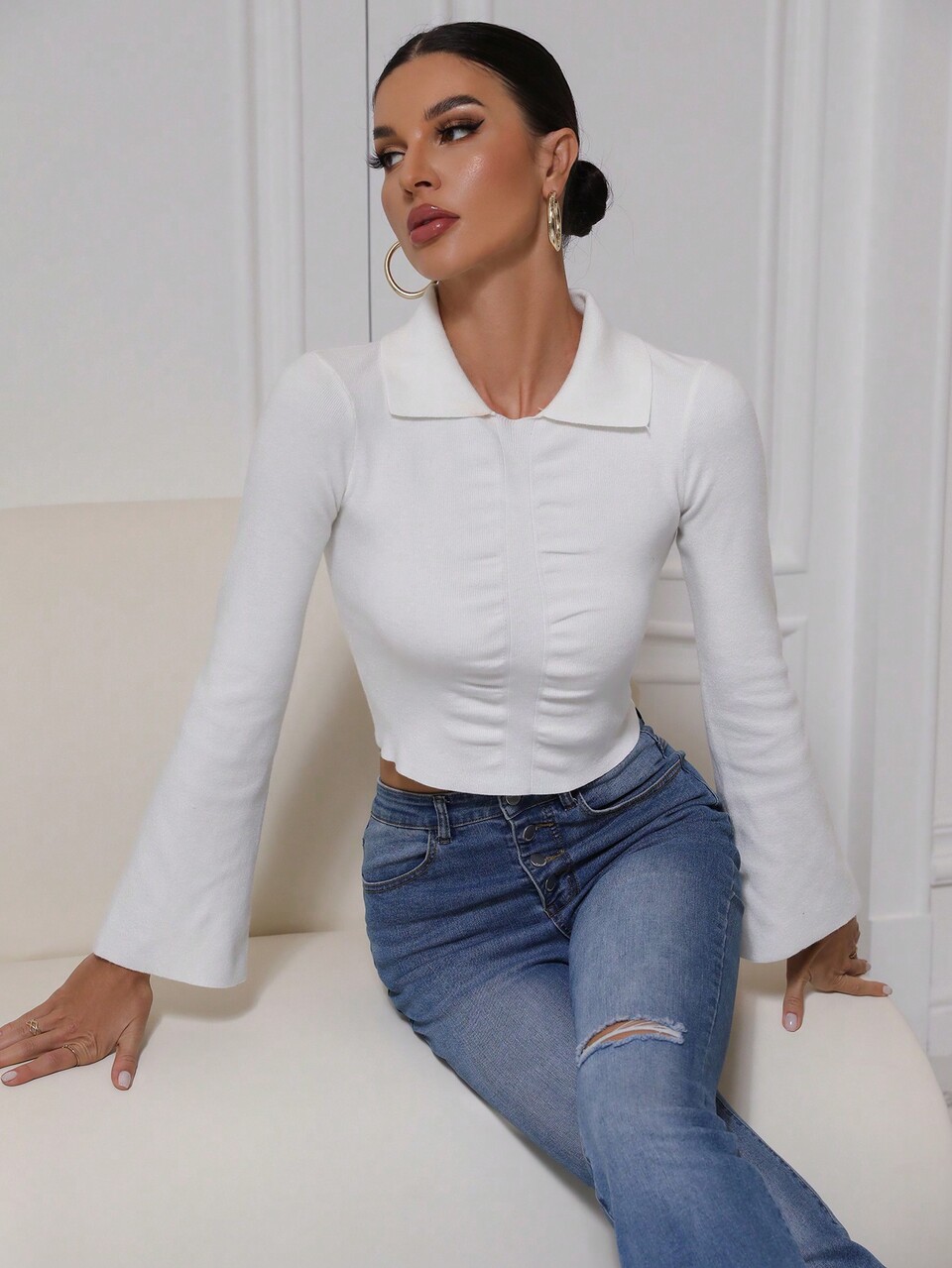 Solid Ruched Front Knit Pullover Fall Winter Sweater