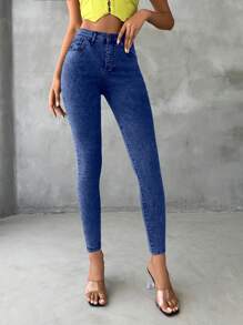 EURMUSE 純色修身休閒牛仔褲 - 深色水洗藍 - 查看 4