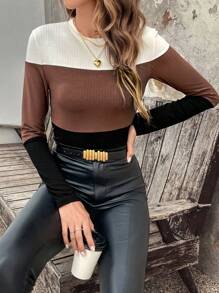 SHEIN LUNE Áo thun cổ tròn màu tương phản ôm vừa vặn dành cho nữ Áo thun họa tiết dành cho nữ - Nhiều màu - Xem 4