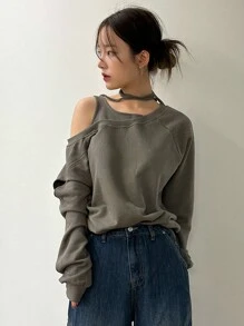 DAZY Chất rắn Cổ không đối xứng Áo nỉ - Màu Khaki - Xem 7