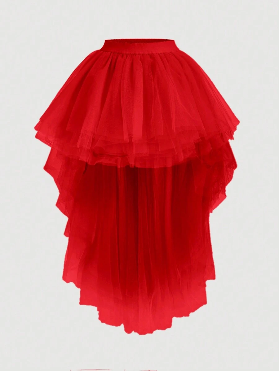 SHEIN MOD High Low Hem Mesh Skirt - Red - View 1