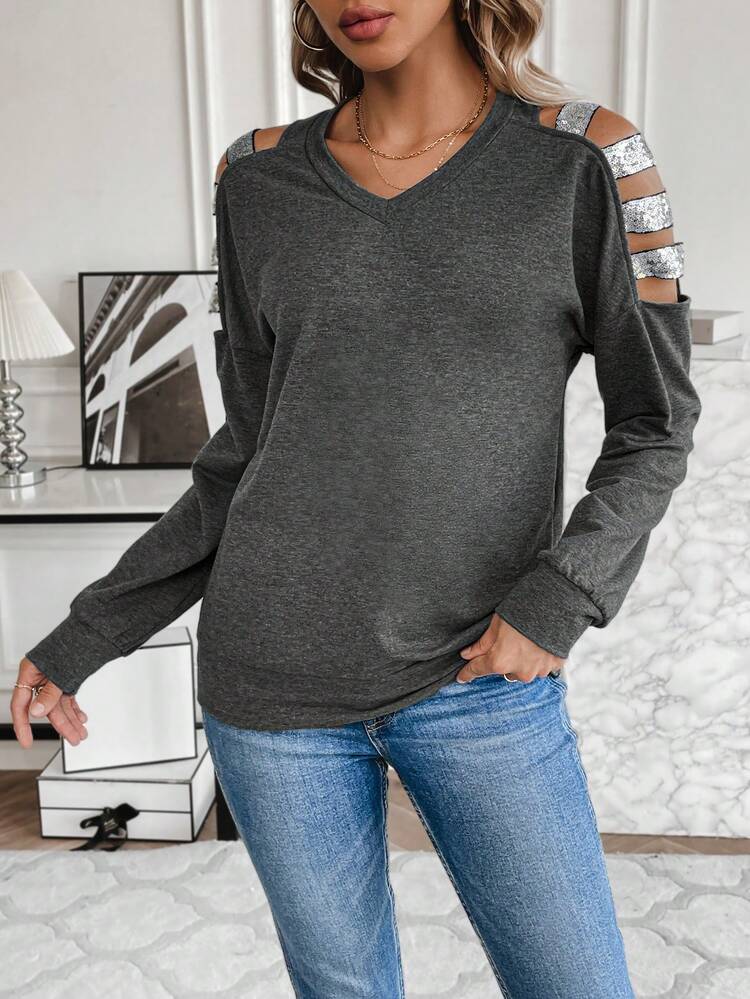 Glitter Patchwork Hollow Out Sweatshirt Pullover Fall Sweatshirt