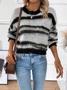 EMERY ROSE 條紋圖案落肩袖燈籠袖毛茸茸套頭毛衣 - 彩色 - 查看 4