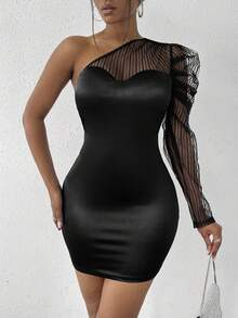 SHEIN SXY One Shoulder Sheer Mesh Spliced Bodycon Dress - Black - View 7