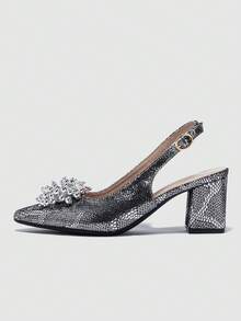 女性金屬質感蛇圖案花朵裝飾尖頭粗跟踝帶高跟單鞋適合派對&婚禮 - 黑色 - 查看 3