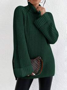 EURMUSE Turtleneck Raglan Sleeve Split Hem Sweater - Green - View 6