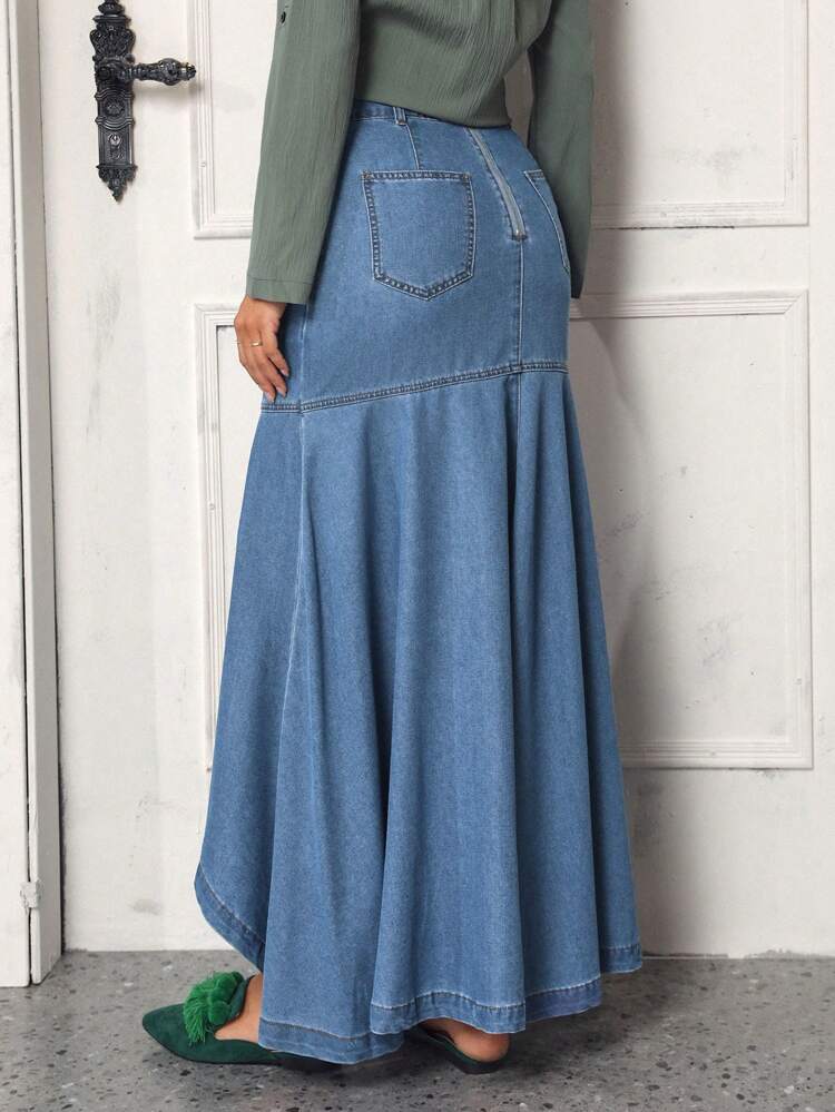 Asymmetrical Hemline Slant Pocket Denim Skirt