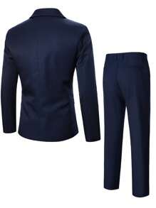 Manfinity Mode Men Lapel Neck Single Button Blazer & Suit Pants - Navy Blue - View 3