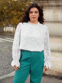 SHEIN Frenchy 大尺寸網刺繡女用褶邊襯衫 - 白色 - 查看 4