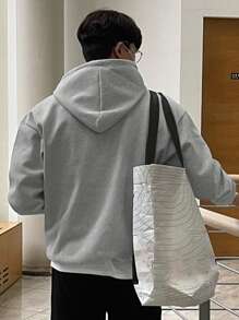 Men Letter Graphic Kangaroo Pocket Drawstring Hoodie - Grey - View 4