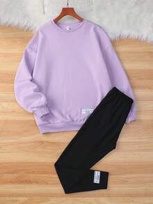 SHEIN 青少年女孩標語圖案落肩袖套頭衫&緊身打底褲 - 紫色 - 查看 2