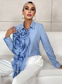 SHEIN Privé Ladies' Solid Color Lace Trimmed Decor Shirt - Blue - View 3